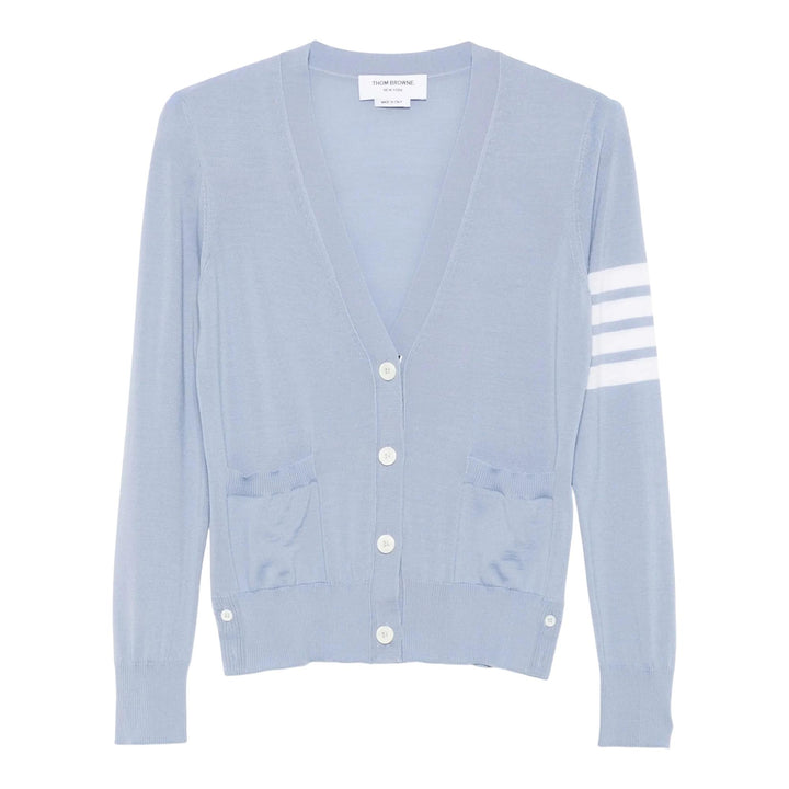 Club21 - Thom Browne - Merino Wool 4-Bar Relaxed Fit V-Neck Cardigan Women - CARDIGANS - Light Blue