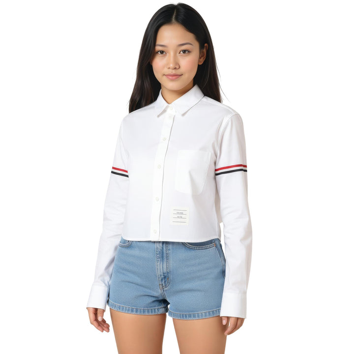 Club21 - Thom Browne - Oxford Armband Round Collar Cropped Shirt Women - BLOUSES - White