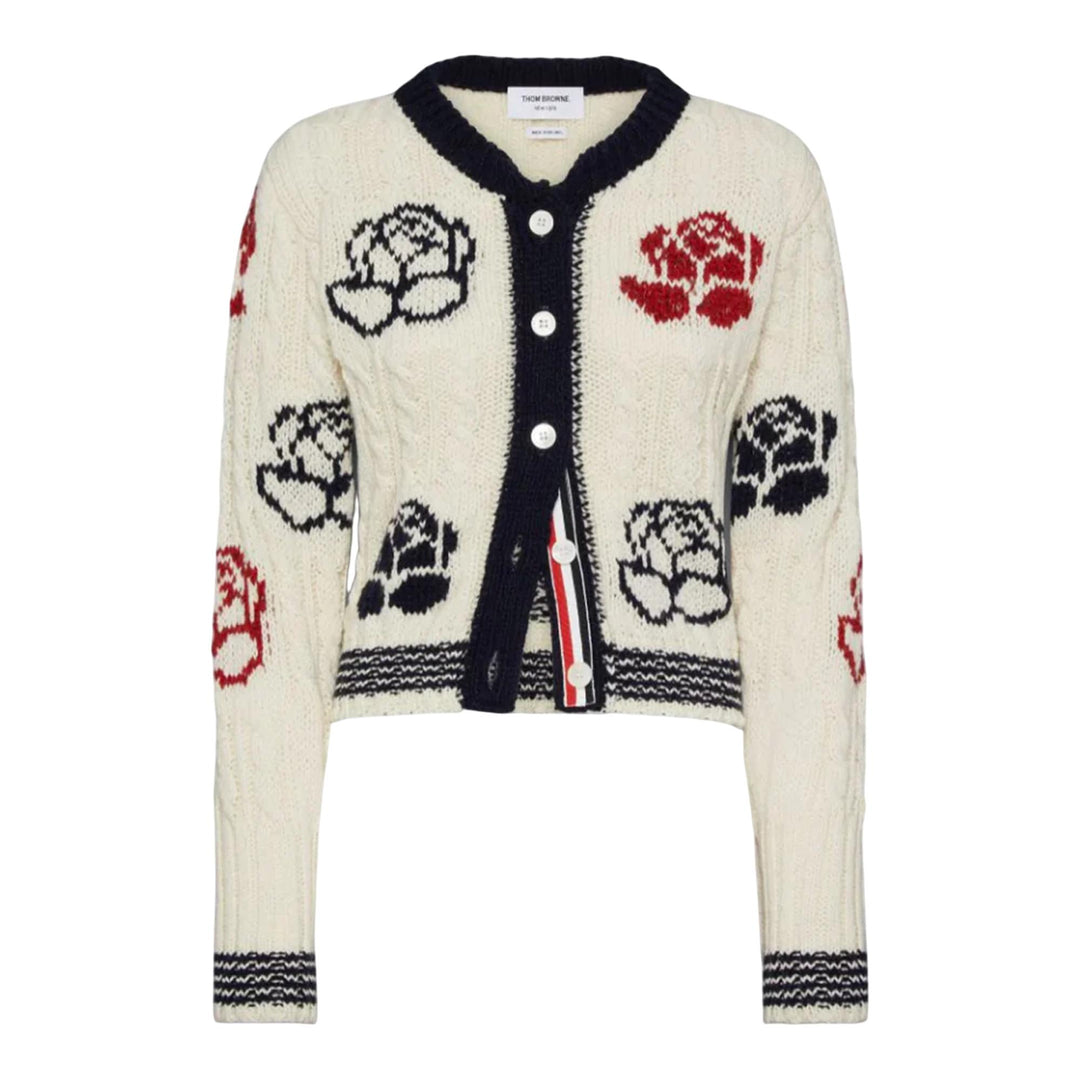 Club21 - Thom Browne - Rose Intarsia And Cable Check Cardigan Women - CARDIGANS - White