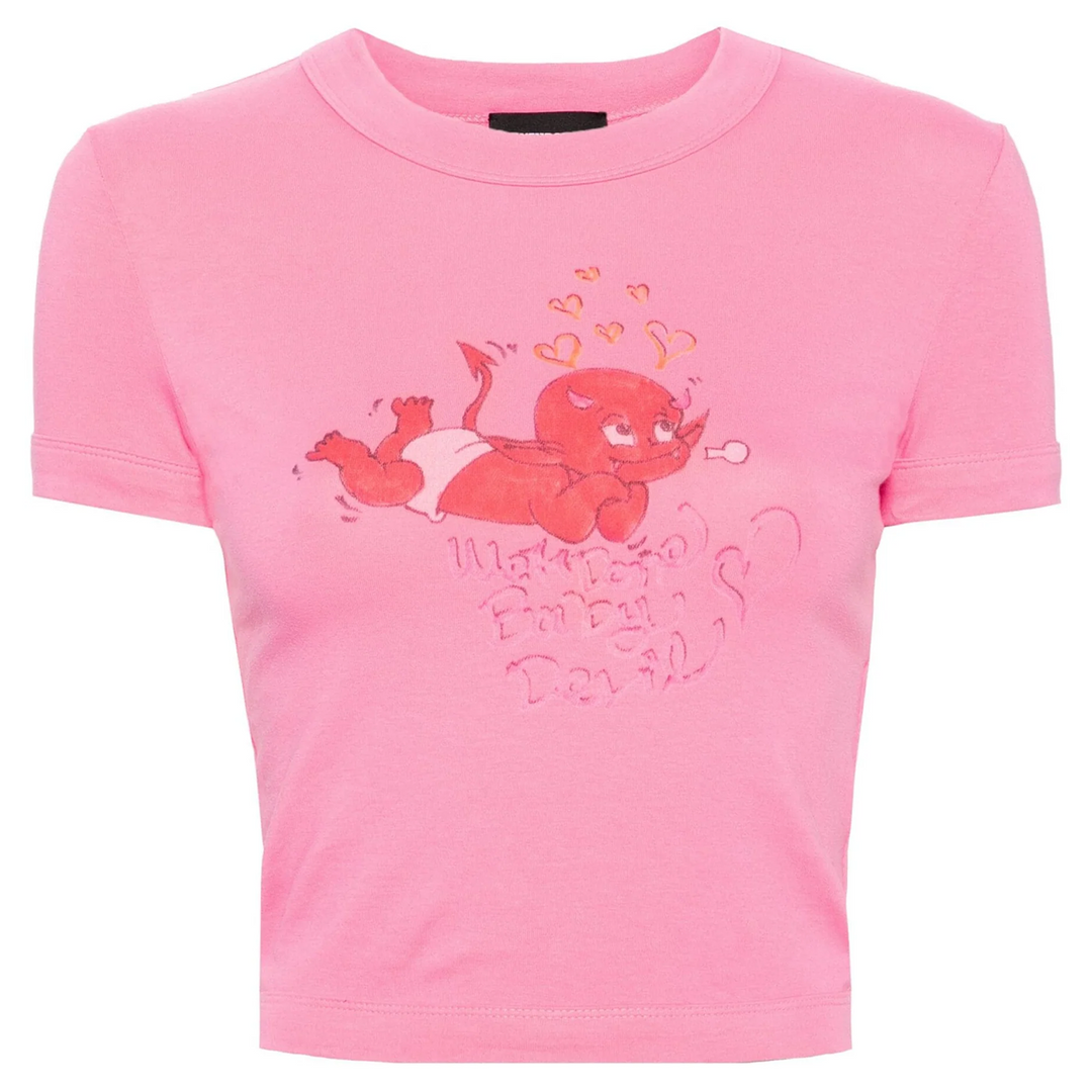 Pink Womens Doodle Print Fitted Tee