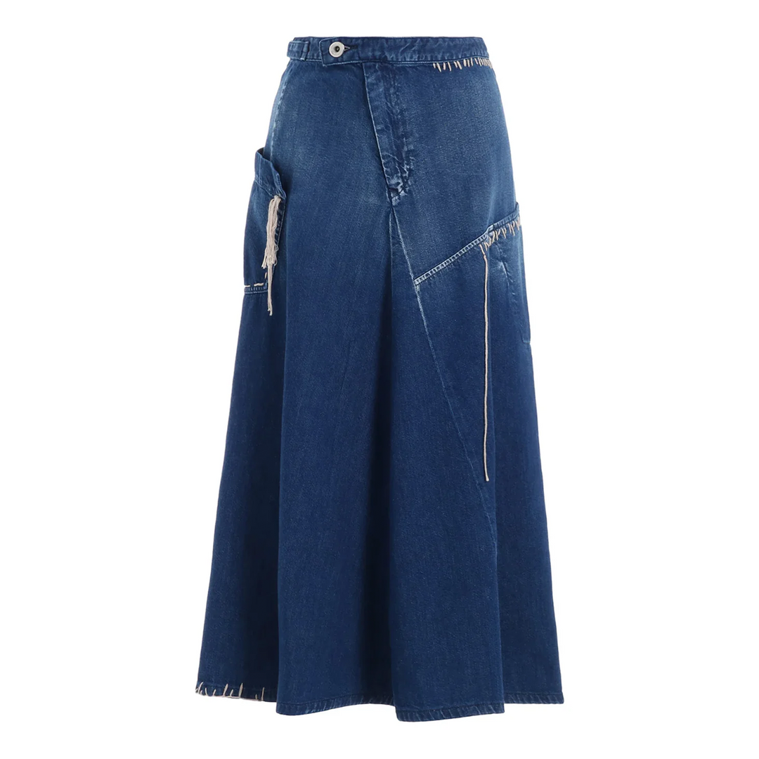Spotted Denim Flare Skirt With Gusset