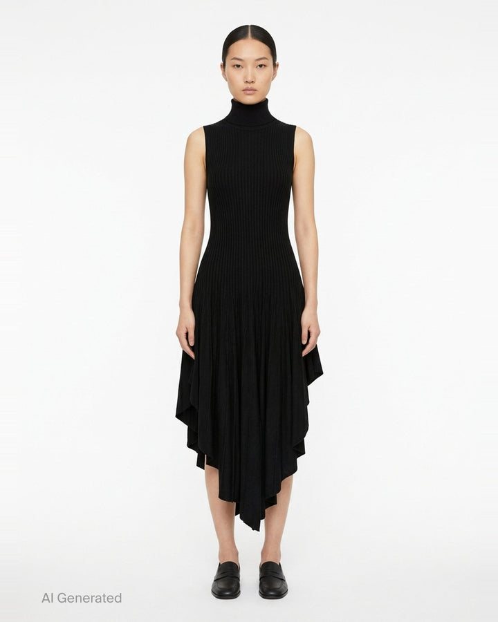 Alaïa black 3D sculpting ribbed knit turtleneck dress with asymmetric pleated handkerchief hem, front view on white background - front