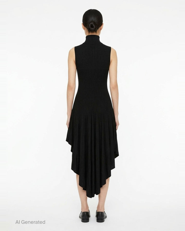 Alaïa black 3D sculpting ribbed knit turtleneck dress with asymmetric pleated handkerchief hem, front view on white background - back