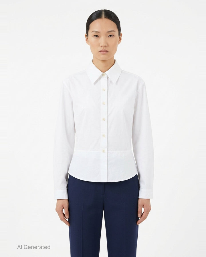 Alaïa Basque Cotton Poplin Shirt in white, featuring a sculpted waist seam, peplum hem, point collar, and mother-of-pearl button front fastening - front
