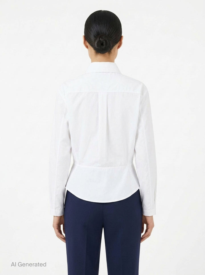 Alaïa Basque Cotton Poplin Shirt in white, featuring a sculpted waist seam, peplum hem, point collar, and mother-of-pearl button front fastening - back