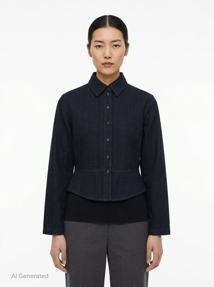 Alaïa Basque Shirt Wool Denim jacket in dark indigo, featuring a point collar, concealed button-front placket, structured basque waist seam, tonal contrast stitching, and a cropped curved hem — front view on white background - front