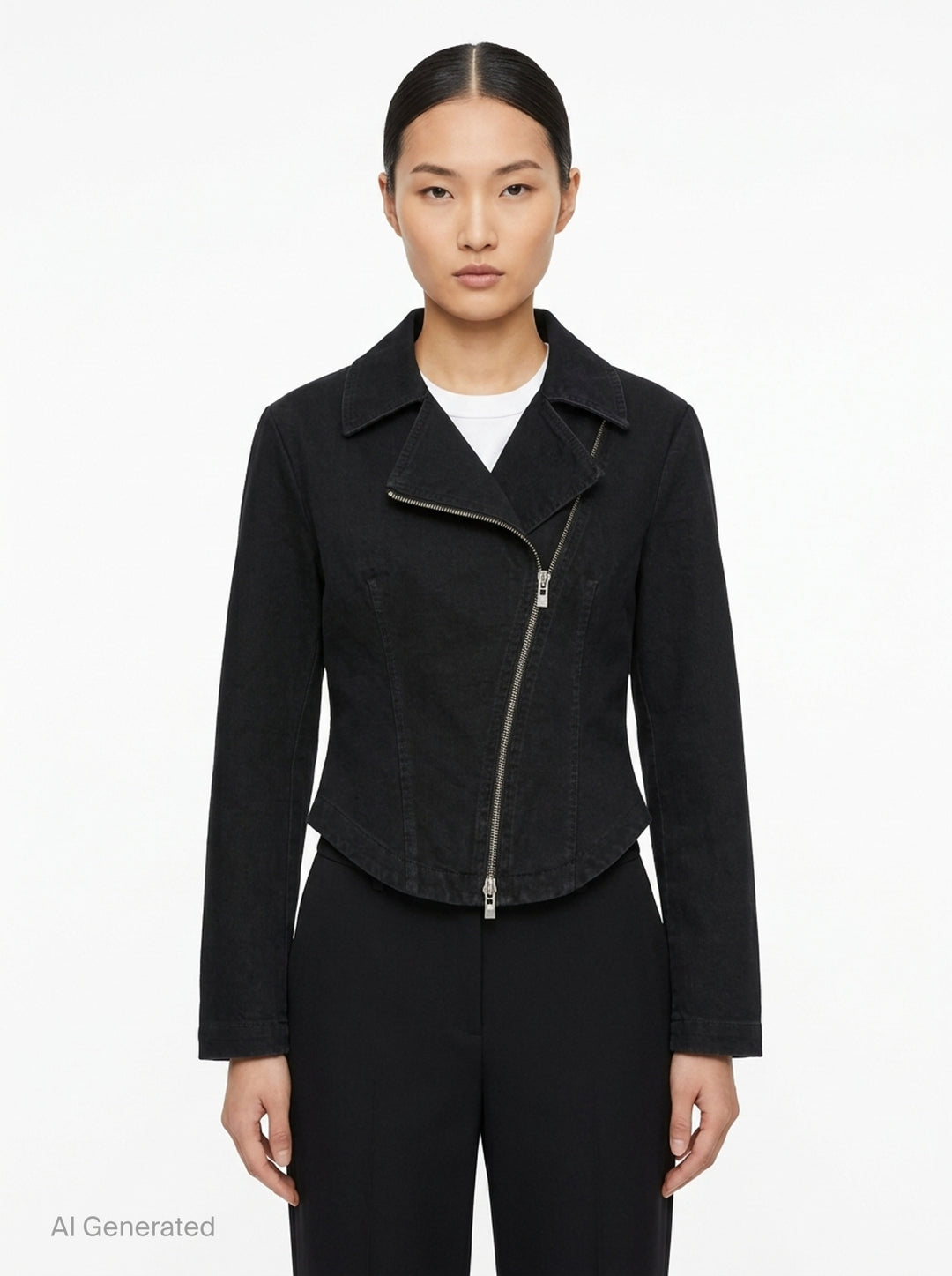 Alaïa Black Denim Biker Jacket with asymmetric silver-tone zip, corset seaming, and cropped curved hem, shown flat on white background - front
