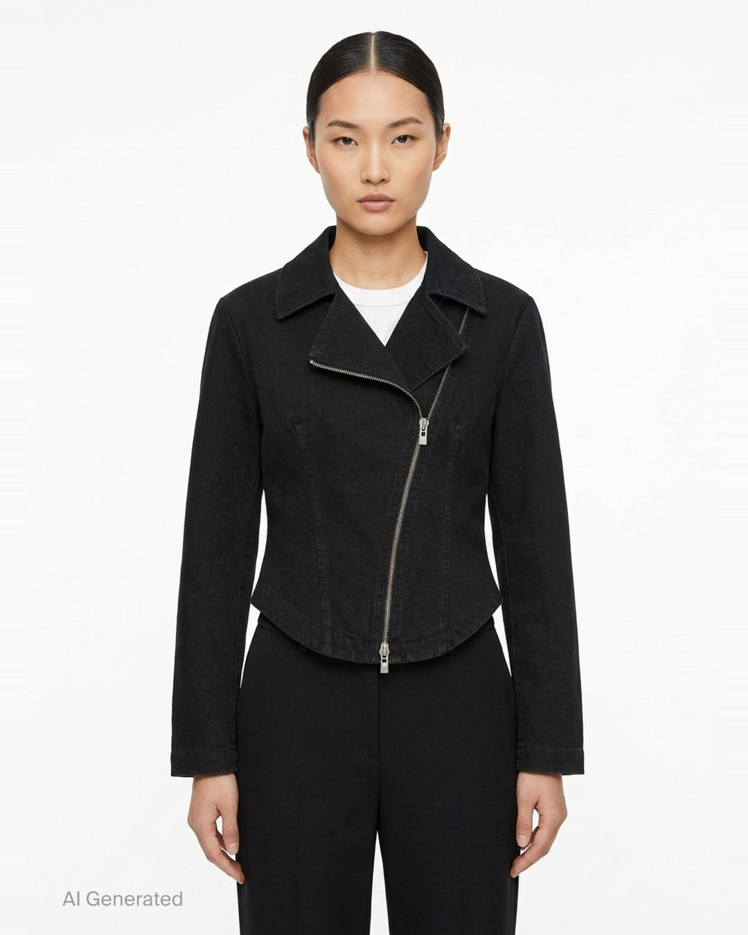 Alaïa Black Denim Biker Jacket with asymmetric silver-tone zip, corset seaming, and cropped curved hem, shown flat on white background - front