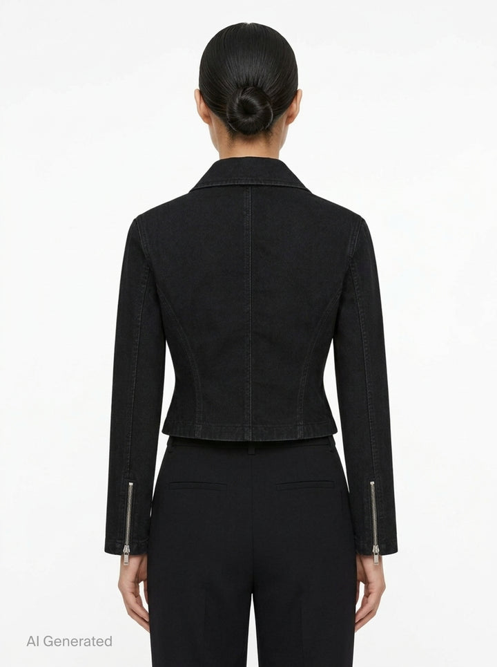 Alaïa Black Denim Biker Jacket with asymmetric silver-tone zip, corset seaming, and cropped curved hem, shown flat on white background - back