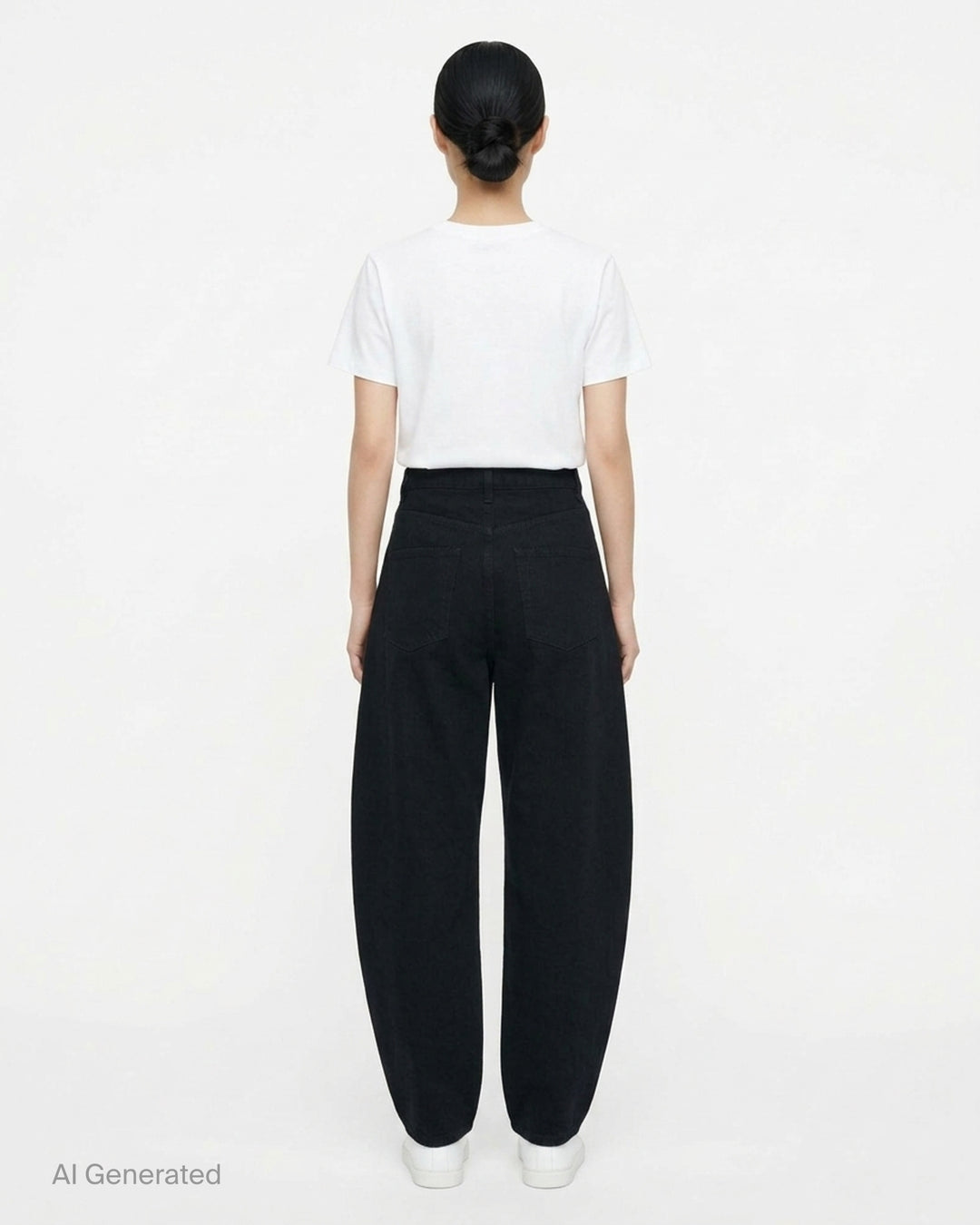 Alaïa black denim round pants with a high waist, five-pocket design and sculpted curved leg, shown from the front - back