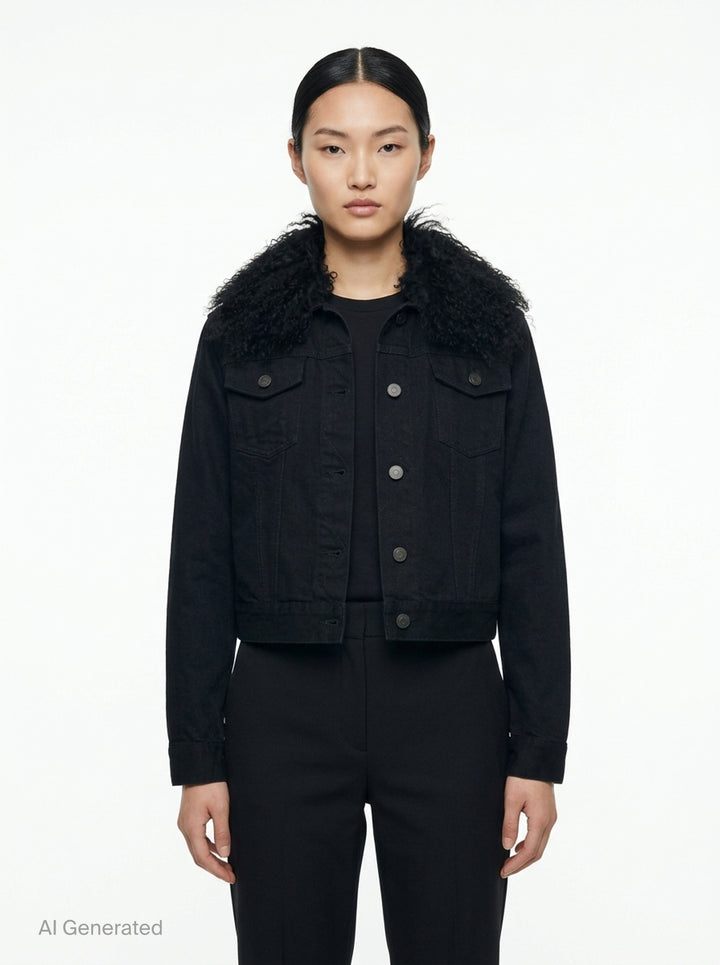 Alaïa Black Denim Trucker Jacket with curly black shearling collar, button-through front closure, twin chest flap pockets, and cropped silhouette on white background - front