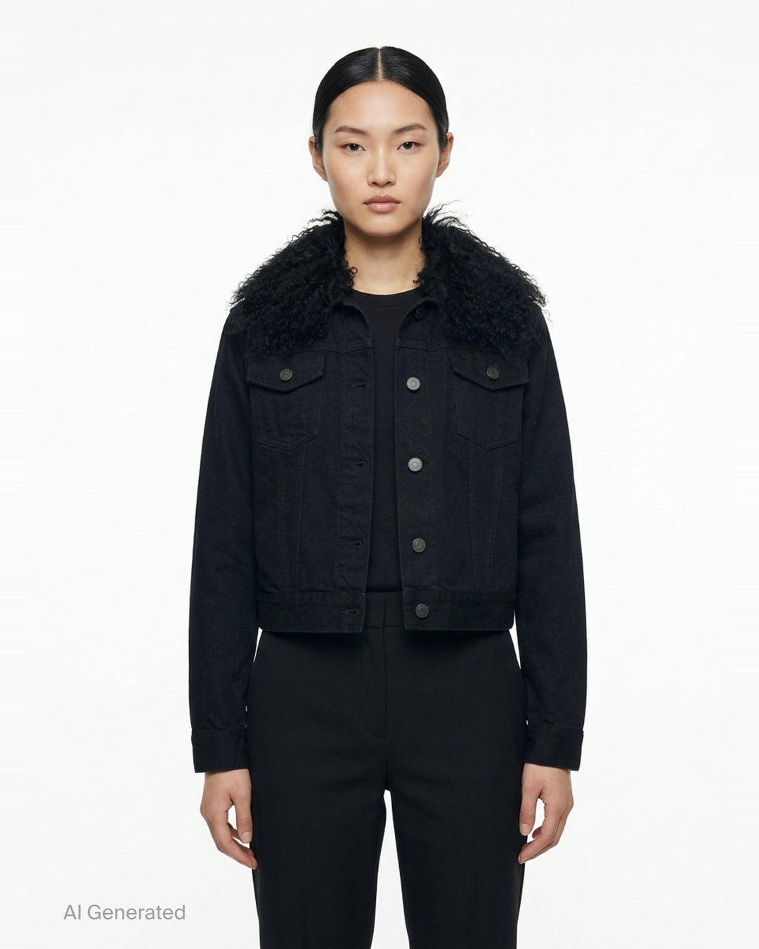 Alaïa Black Denim Trucker Jacket with curly black shearling collar, button-through front closure, twin chest flap pockets, and cropped silhouette on white background - front