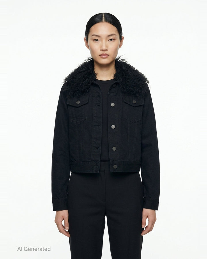 Alaïa Black Denim Trucker Jacket with curly black shearling collar, button-through front closure, twin chest flap pockets, and cropped silhouette on white background - front