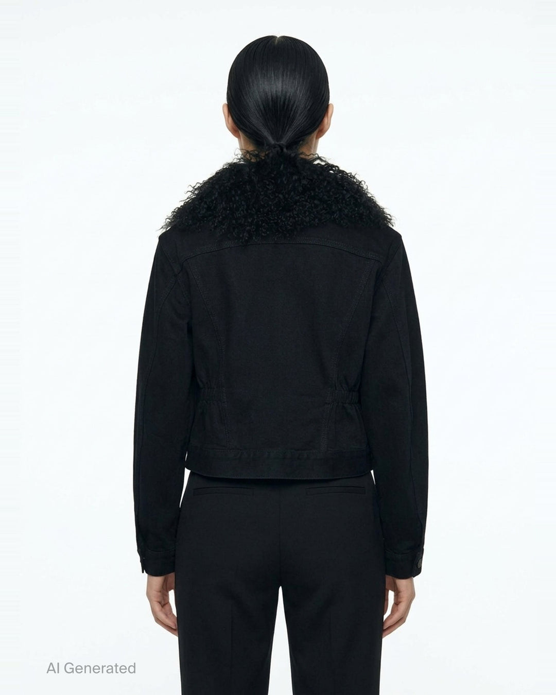 Alaïa Black Denim Trucker Jacket with curly black shearling collar, button-through front closure, twin chest flap pockets, and cropped silhouette on white background - back