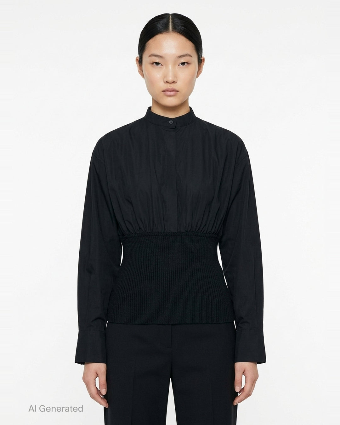Alaïa Cinched Cotton Poplin Shirt in black, featuring a voluminous poplin upper, mandarin collar with button fastening, long sleeves, and a structured ribbed knit cinched waistband - front