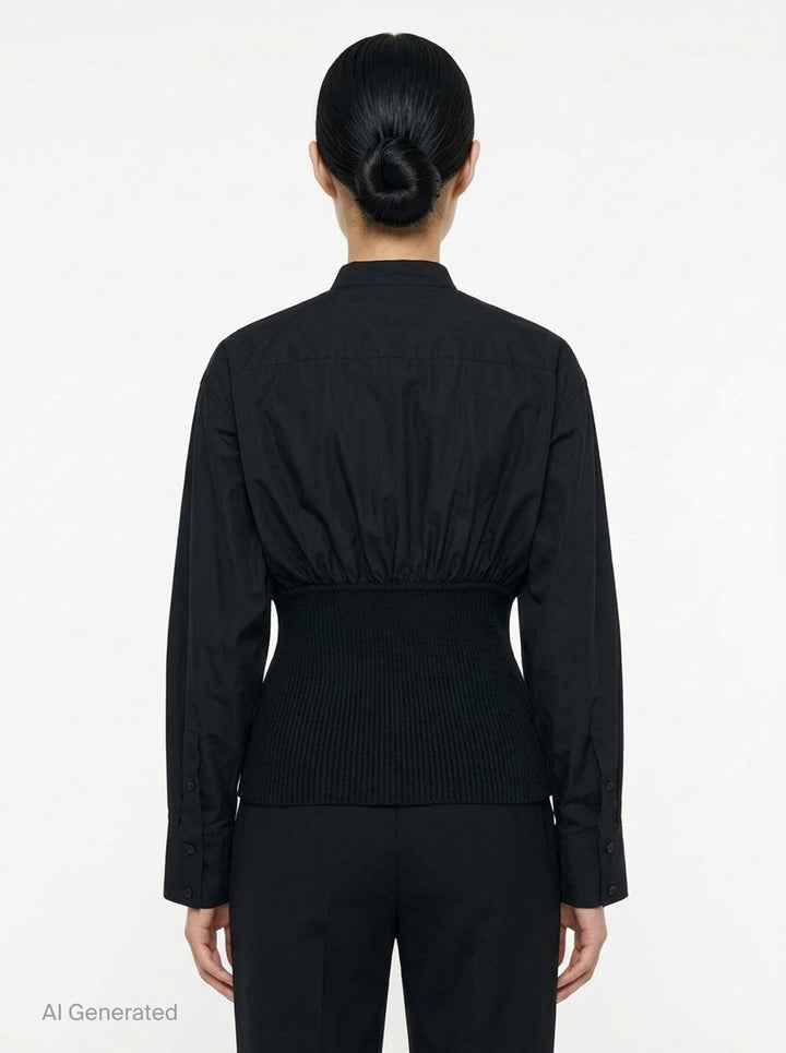 Alaïa Cinched Cotton Poplin Shirt in black, featuring a voluminous poplin upper, mandarin collar with button fastening, long sleeves, and a structured ribbed knit cinched waistband - back