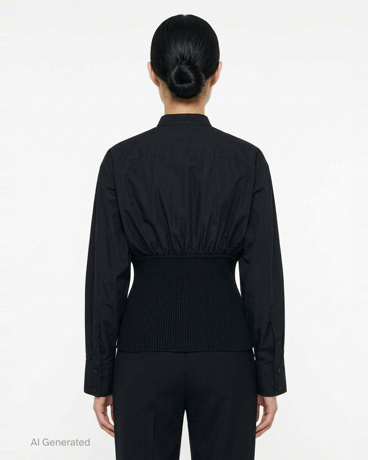 Alaïa Cinched Cotton Poplin Shirt in black, featuring a voluminous poplin upper, mandarin collar with button fastening, long sleeves, and a structured ribbed knit cinched waistband - back