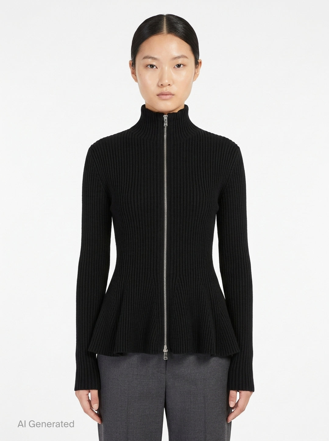 Alaïa Engineered Rib Peplum Cardigan in black with full-length silver zip, high mock neck, and flared peplum hem - front