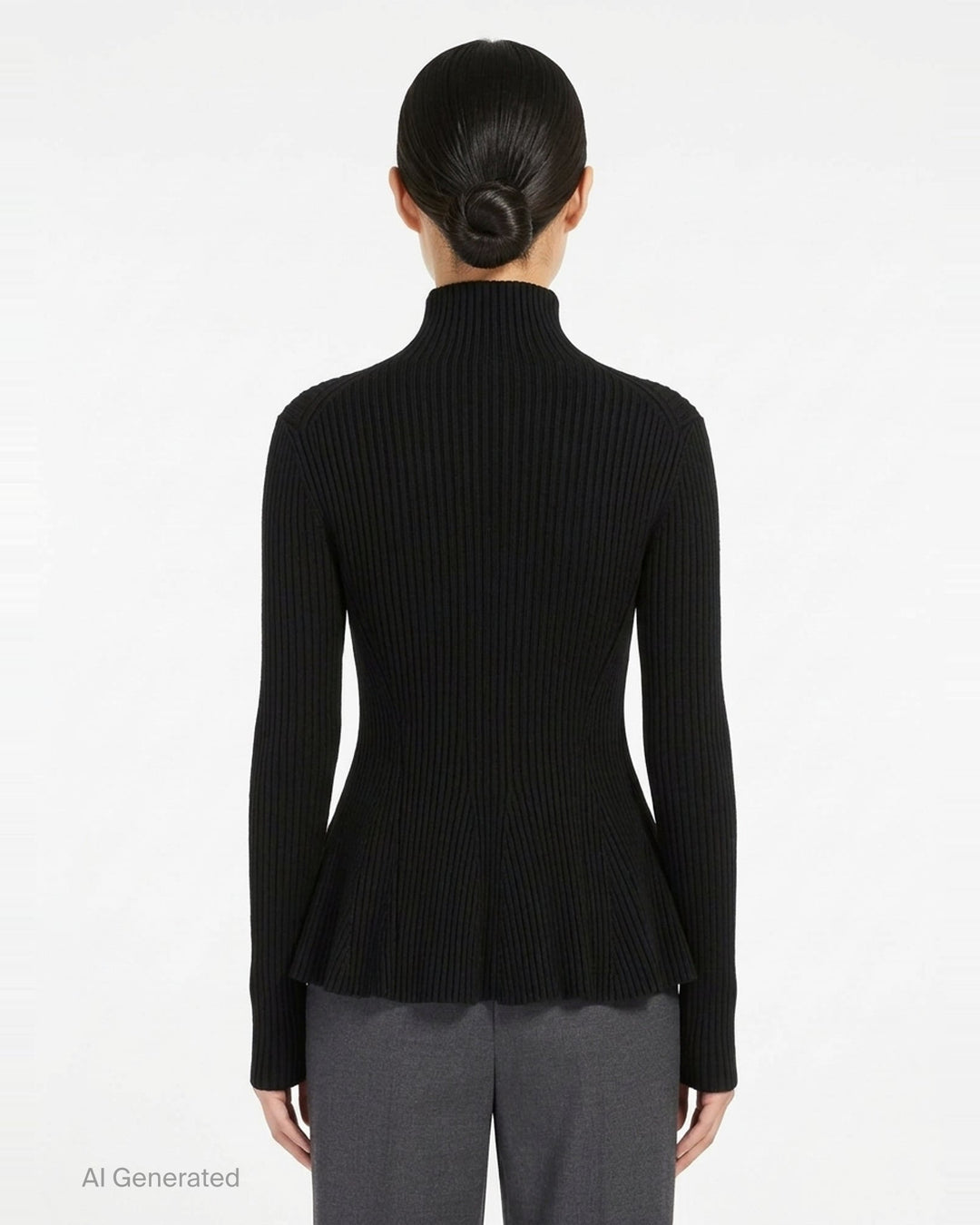 Alaïa Engineered Rib Peplum Cardigan in black with full-length silver zip, high mock neck, and flared peplum hem - back
