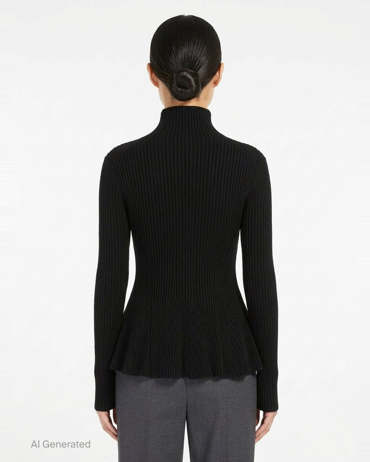 Alaïa Engineered Rib Peplum Cardigan in black with full-length silver zip, high mock neck, and flared peplum hem - back