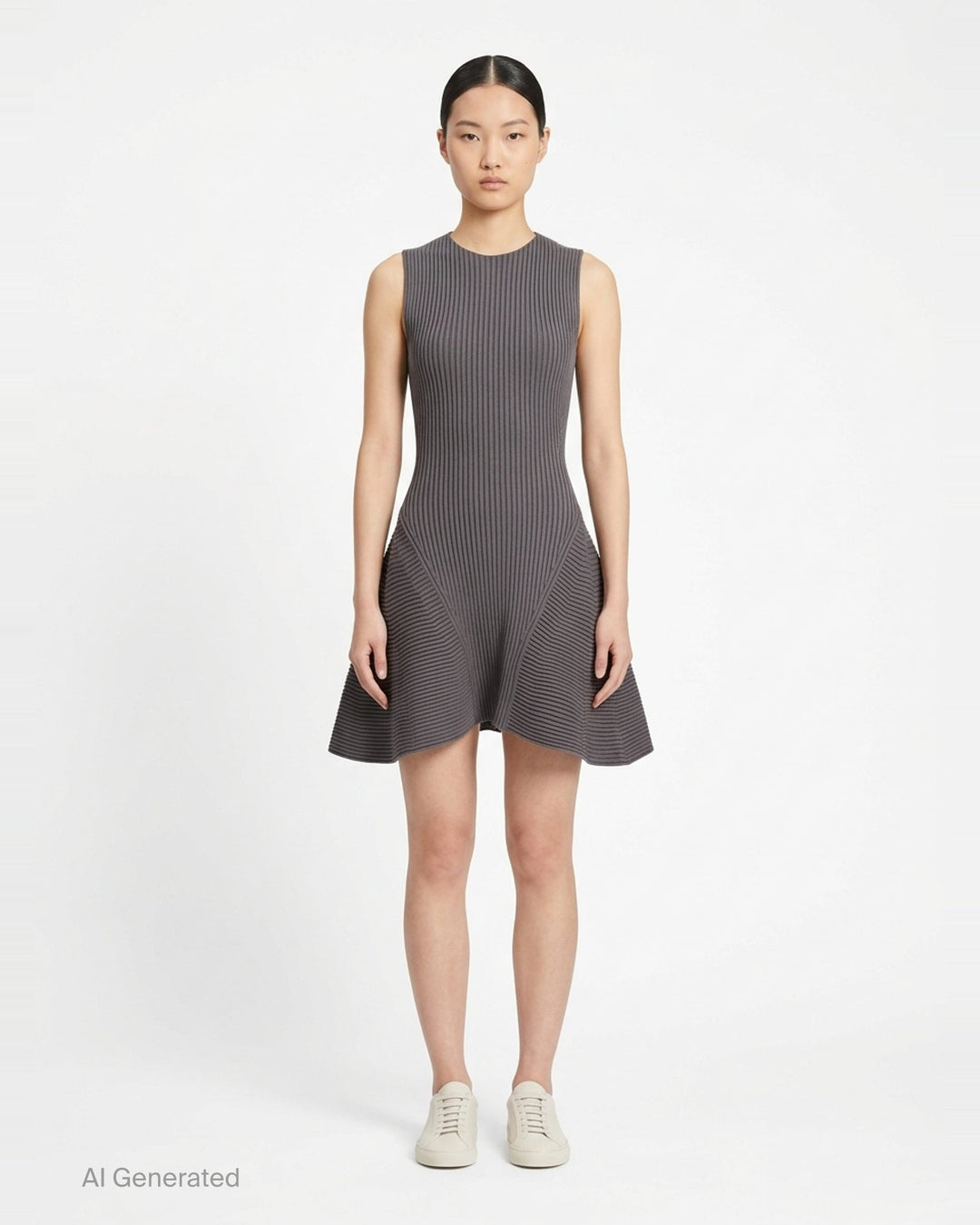 Alaïa Engineered Ribs Skater Dress in charcoal grey, featuring a fitted vertical-ribbed bodice and a flared skirt with geometric horizontal ribbed panels, sleeveless with a round neckline - front