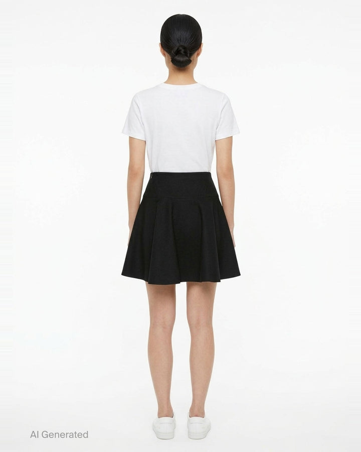 Alaïa light felted wool skater skirt in black, featuring a high wide waistband and full flared circle hem, displayed as a flat product shot on a white background - back