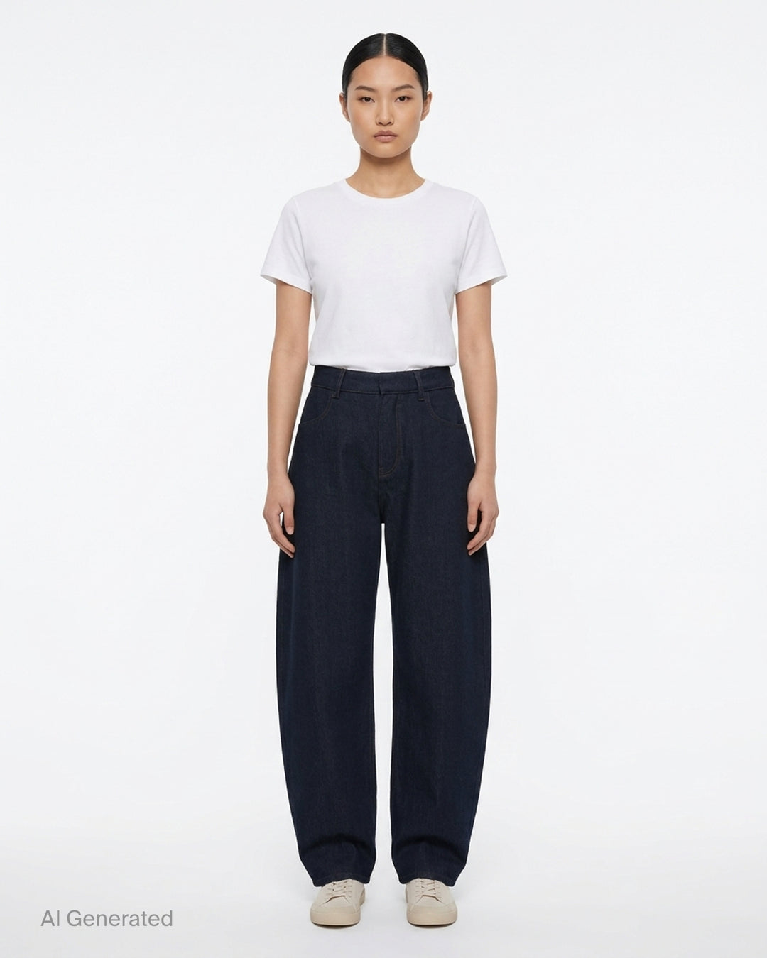 Alaïa round pants in dark navy wool denim with a high waist, curved barrel leg and contrast topstitching, shown from the front - front