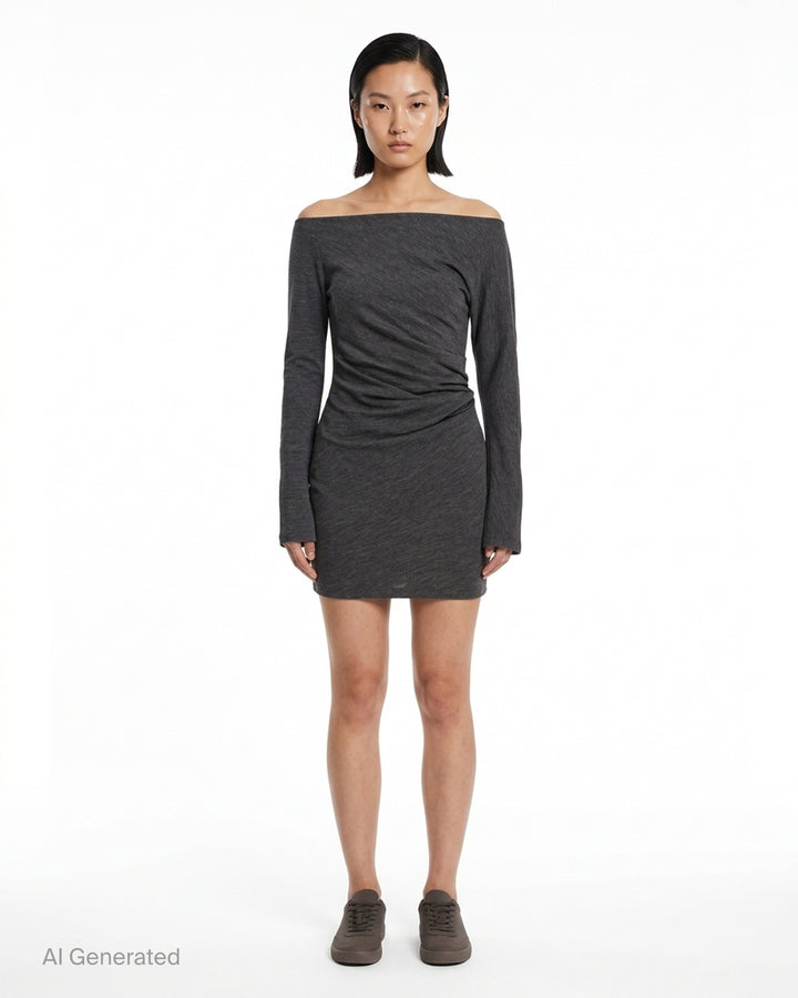 Alexander Wang asymmetric drape long sleeve mini dress in heathered charcoal jersey with off-shoulder neckline and ruched waist - front
