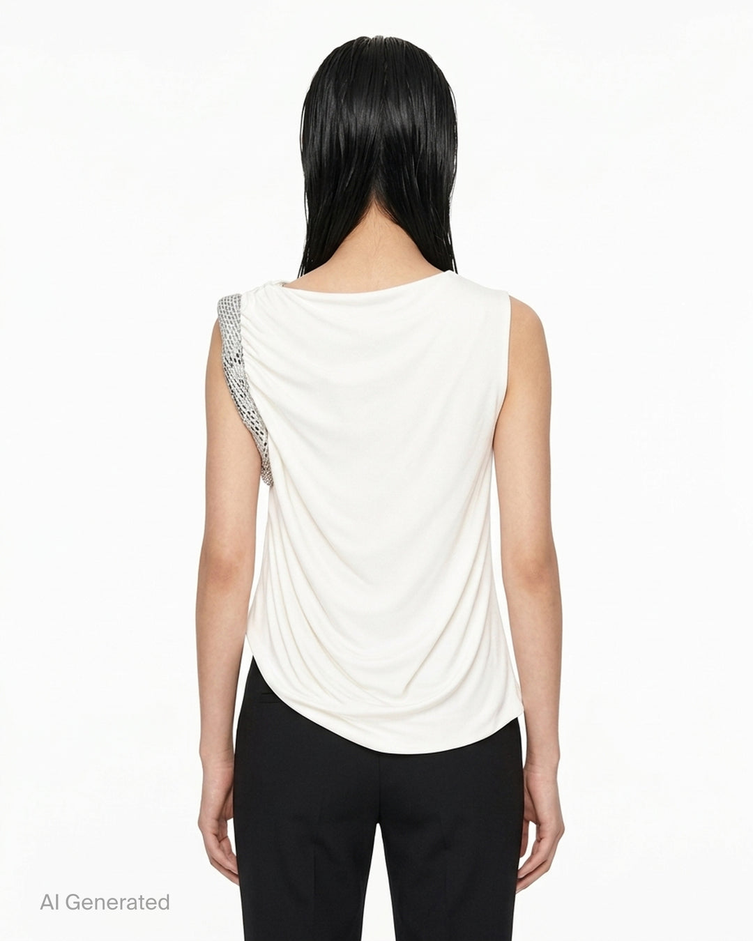 Alexander Wang black sleeveless one-shoulder top with gathered twist detail and hotfix embellished trim - back