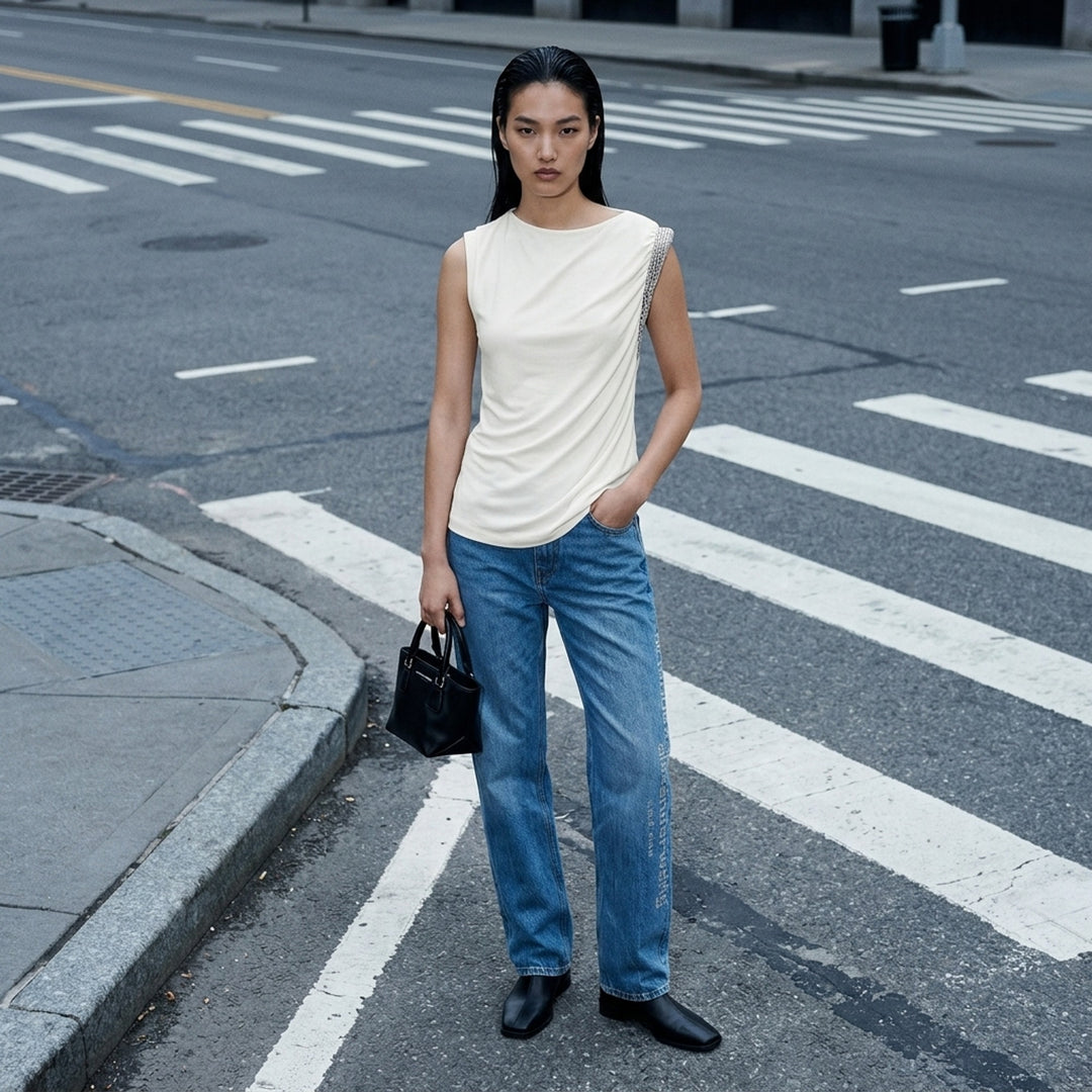 Alexander Wang black sleeveless one-shoulder top with gathered twist detail and hotfix embellished trim - lifestyle