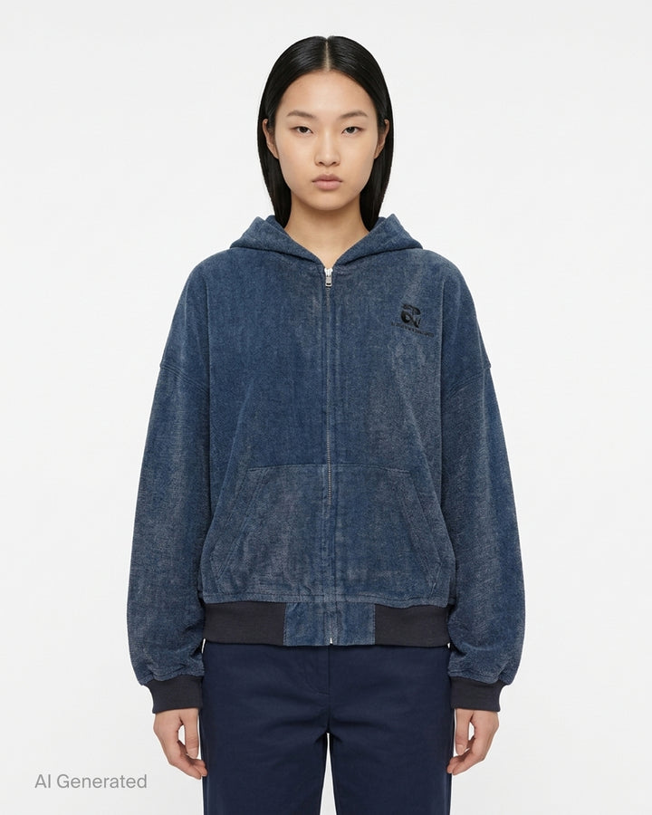 Alexander Wang oversized zip-up hoodie in washed indigo brushed denim with ribbed navy cuffs and hem, front pockets and embroidered chest logo - front