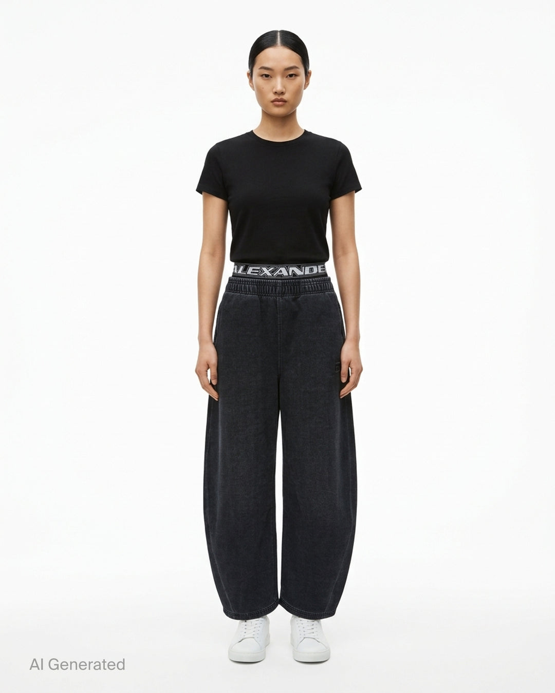 Alexander Wang washed black brushed denim sweatpants with layered logo elastic waistband and curved barrel leg - front