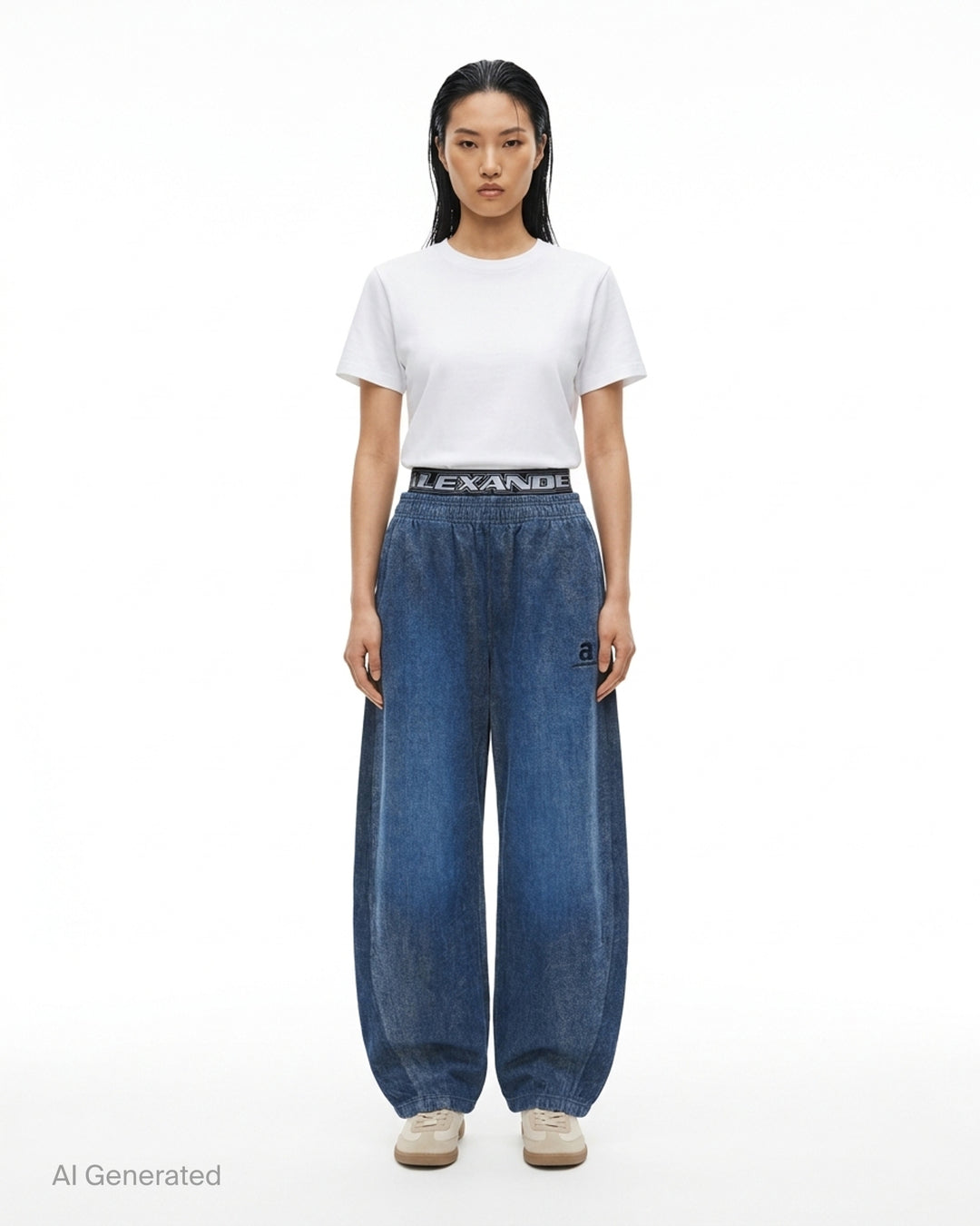 Alexander Wang brushed denim sweatpants in faded blue with a layered logo elastic waistband and curved balloon leg - front