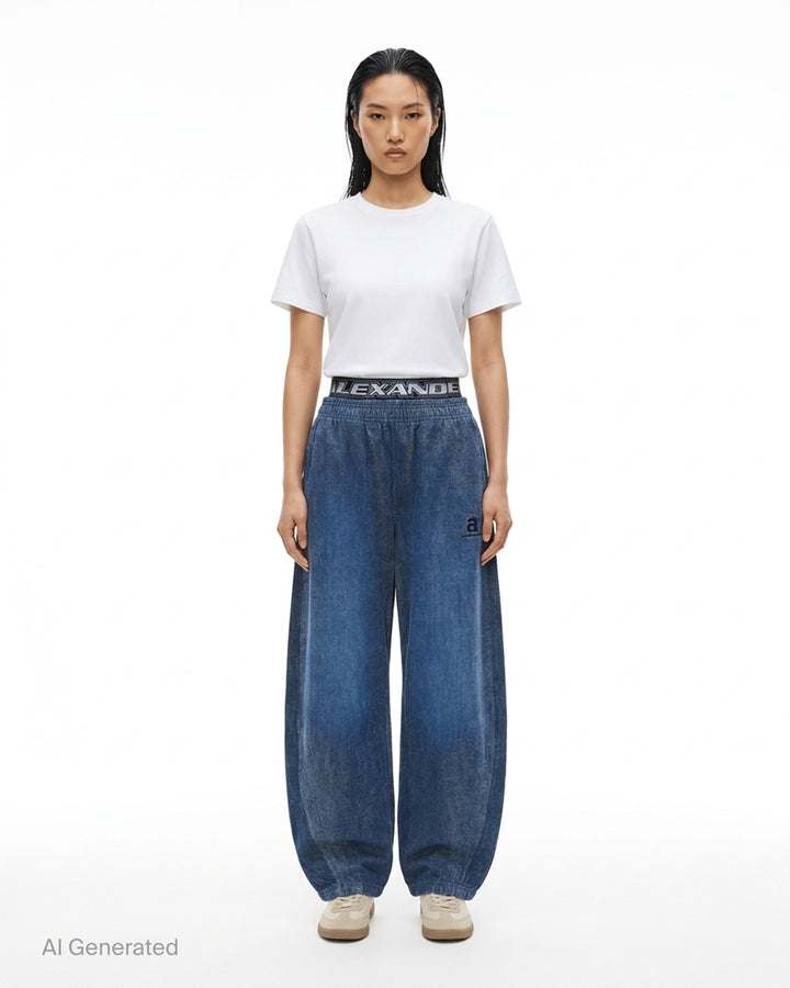 Alexander Wang brushed denim sweatpants in faded blue with a layered logo elastic waistband and curved balloon leg - front