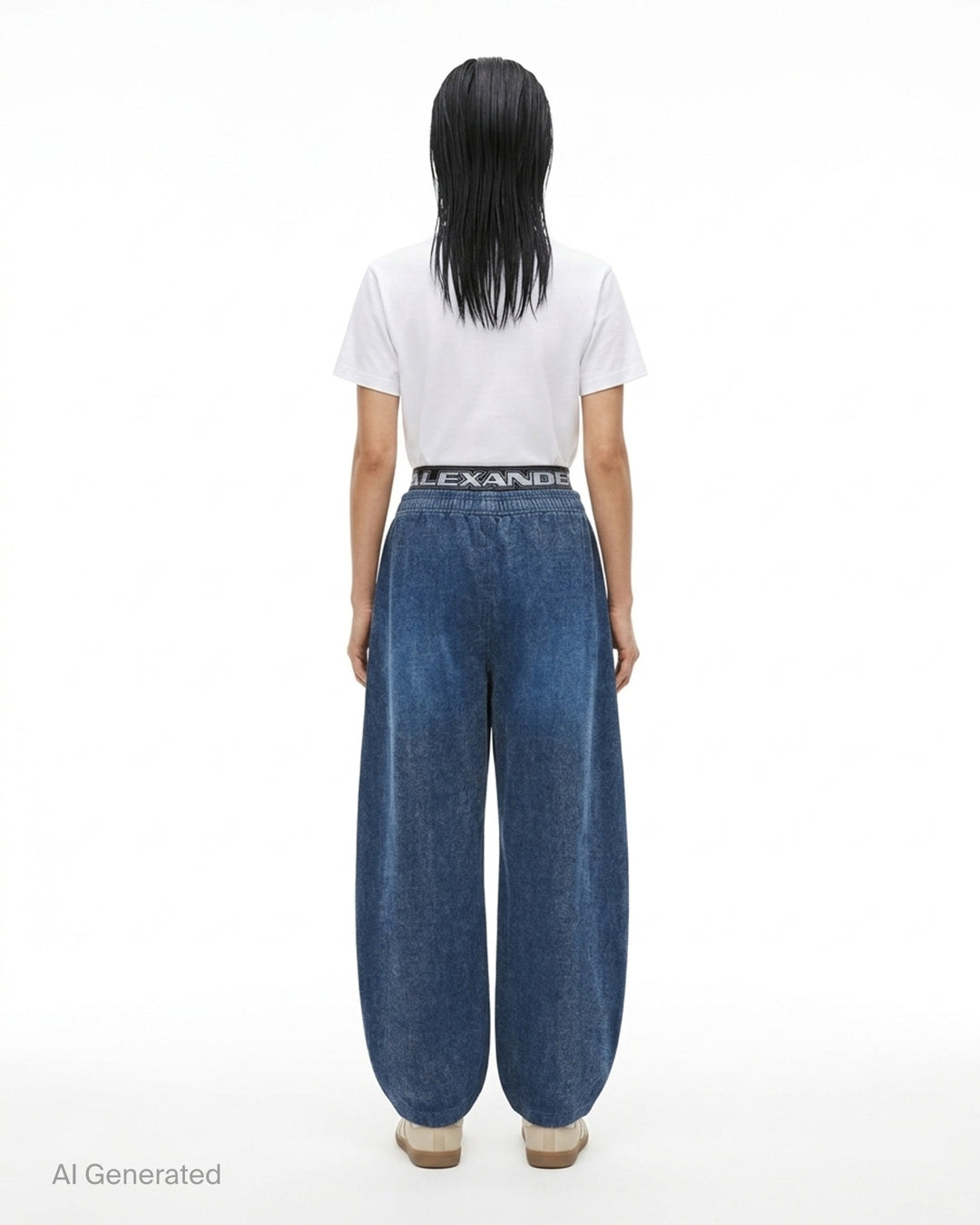 Alexander Wang brushed denim sweatpants in faded blue with a layered logo elastic waistband and curved balloon leg - back