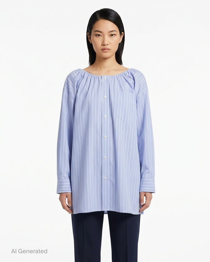 Alexander Wang blue and white pinstripe oversized shirt dress, back view, featuring a gathered scoop neckline, pleated back yoke, and long sleeves with buttoned cuffs - front