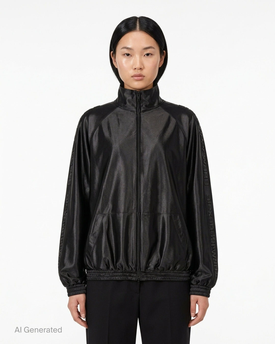 Alexander Wang black satin oversized track jacket with embossed logo tape on the sleeves, funnel neck and smocked hem - front