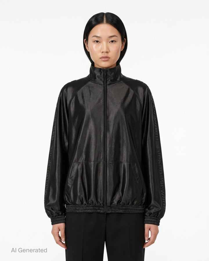 Alexander Wang black satin oversized track jacket with embossed logo tape on the sleeves, funnel neck and smocked hem - front