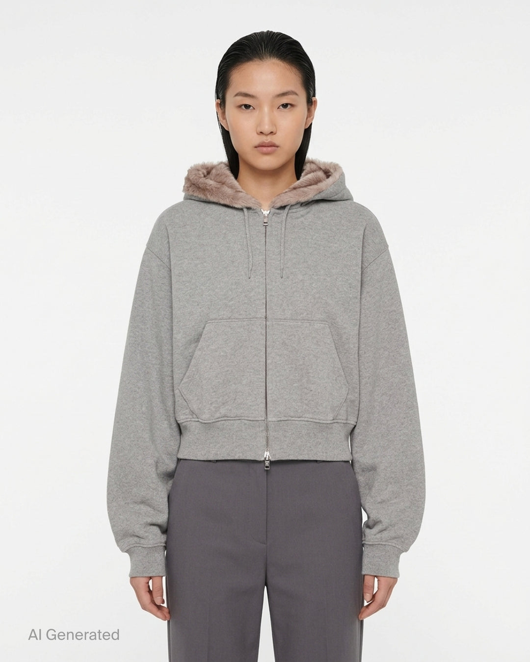 Alexander Wang cropped heather grey zip-up hoodie with faux fur-lined hood, front view - front