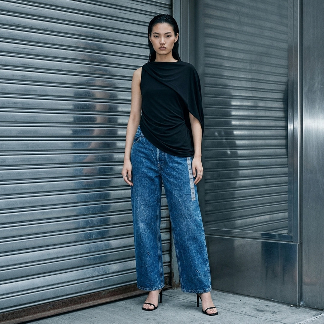 Alexander Wang unisex wide-leg jeans in crinkled mid-blue denim with a woven AW monogram flasher at the hip - lifestyle