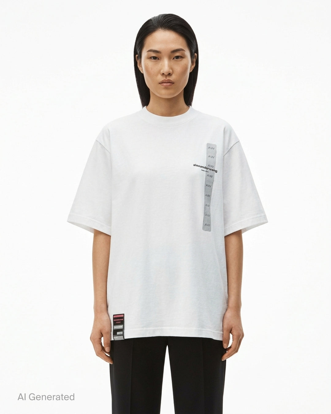White oversized short sleeve tee by Alexander Wang with a vertical grey AW flasher graphic and logo print on the chest - front