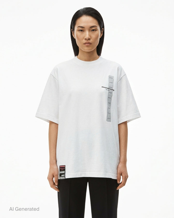 White oversized short sleeve tee by Alexander Wang with a vertical grey AW flasher graphic and logo print on the chest - front