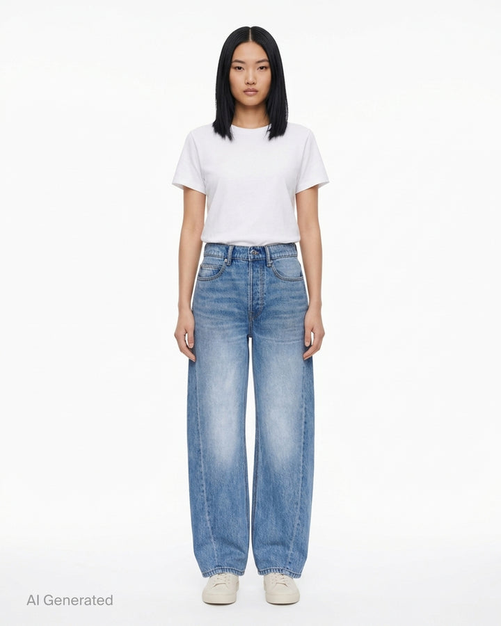 Alexander Wang Float Jeans in washed mid-blue denim with a high rise and curved twisted-seam leg, shown from the front - front