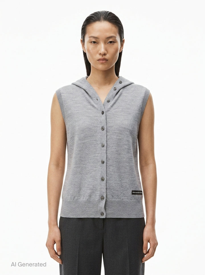 Alexander Wang heather grey hooded tank cardigan with full button-down front closure, ribbed trim, and woven brand label at hem - front