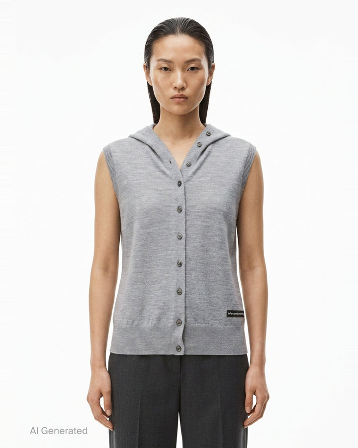Alexander Wang heather grey hooded tank cardigan with full button-down front closure, ribbed trim, and woven brand label at hem - front