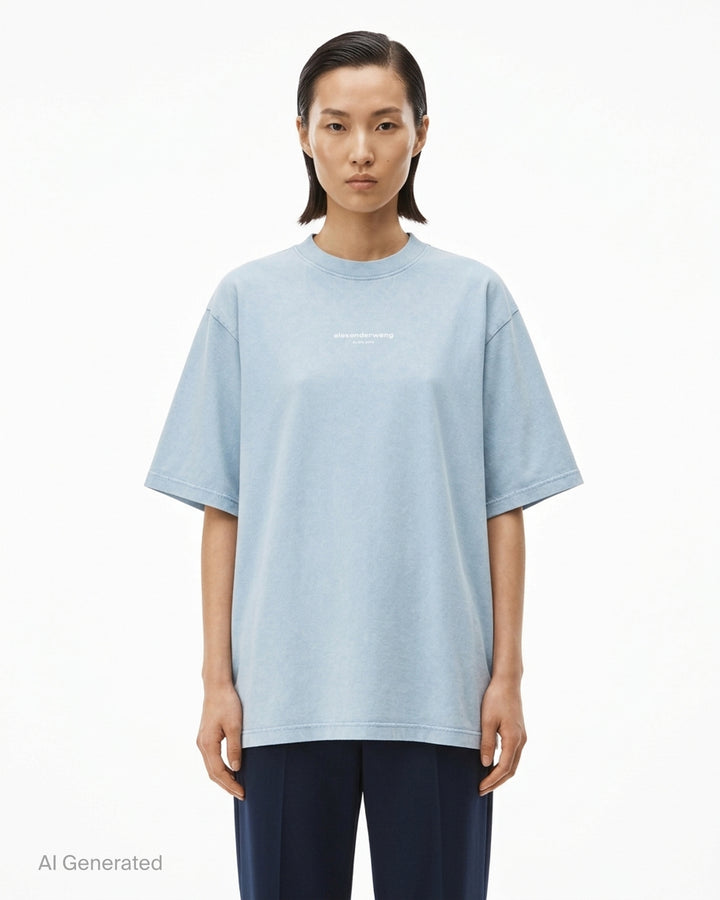 Alexander Wang oversized washed black short sleeve tee with centre chest logo print on white background - front