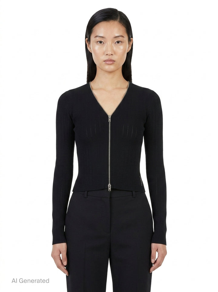 Long Sleeve V-Neck Pointelle Cardigan | Alexander Wang | Club21 - front