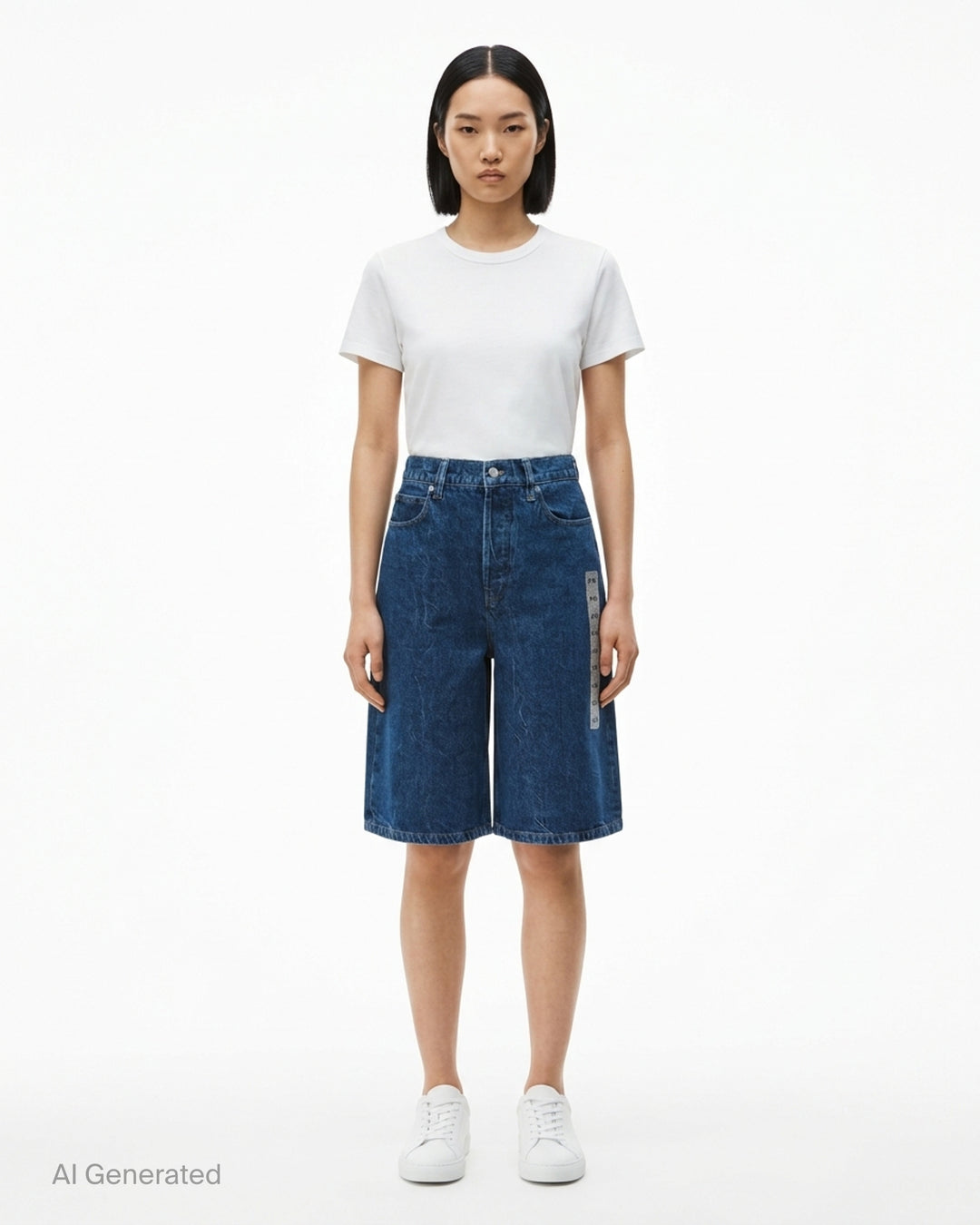 Alexander Wang low rise indigo denim board shorts with button fly and crystal-embellished AW logo strip - front