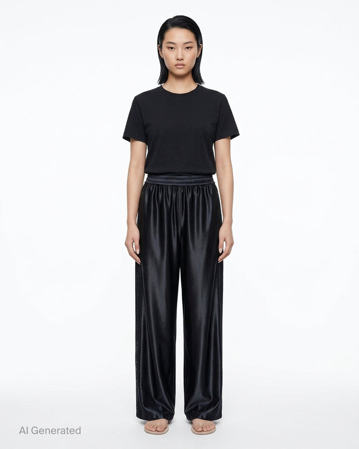Alexander Wang mid-rise black glossy track pants with embossed side logo panels and elasticated waistband, shown from the front - front