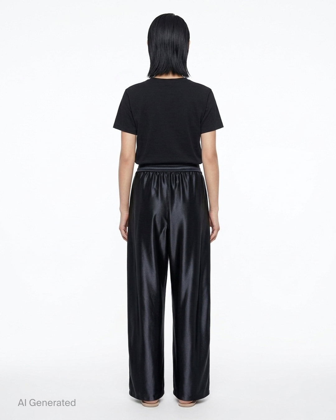 Alexander Wang mid-rise black glossy track pants with embossed side logo panels and elasticated waistband, shown from the front - back